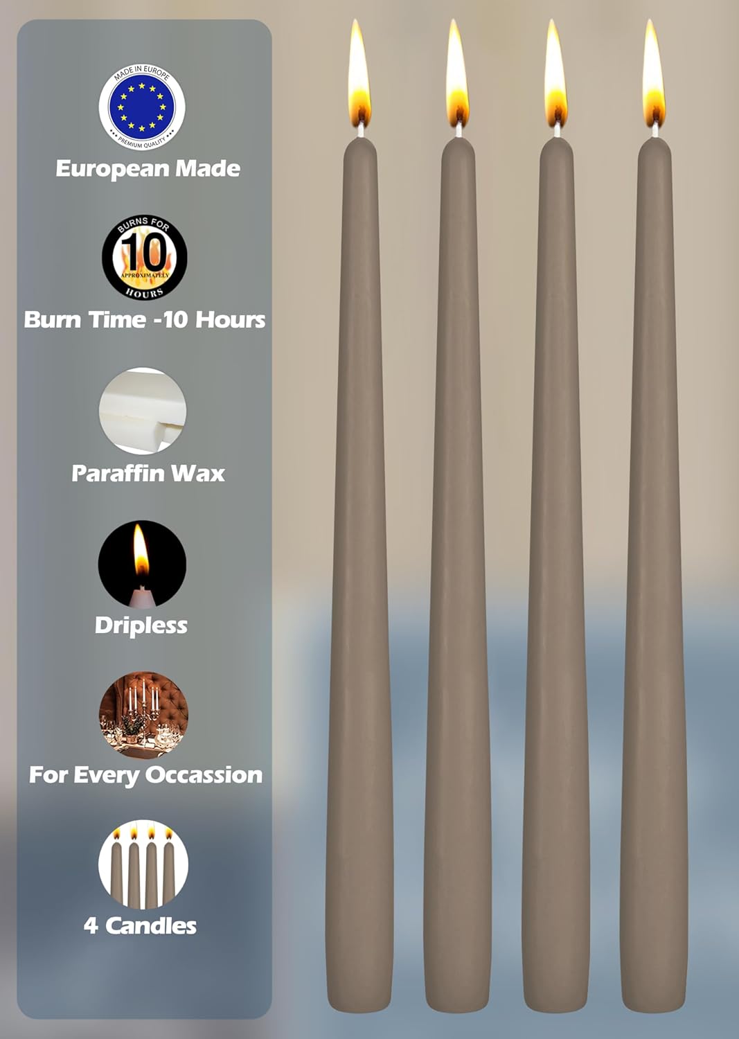 Hyoola Tall Taper Candles - 10 Inch Metallic Gold Unscented Dripless Taper Candles - 8 Hour Burn Time - 4 Pack