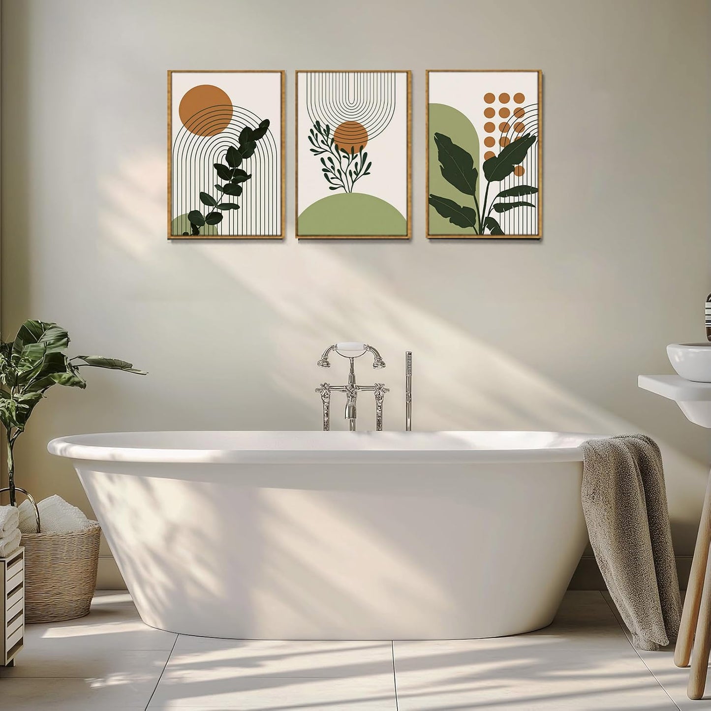 Bwodke Boho Wall Art, Framed Abstract Wall Art, Green Botanical Neutral Canvas Wall Decor, Large Mid Century Plant Pictures Set of 3, Modern Minimalist Paintings, for Bedroom Living Room Bathroom