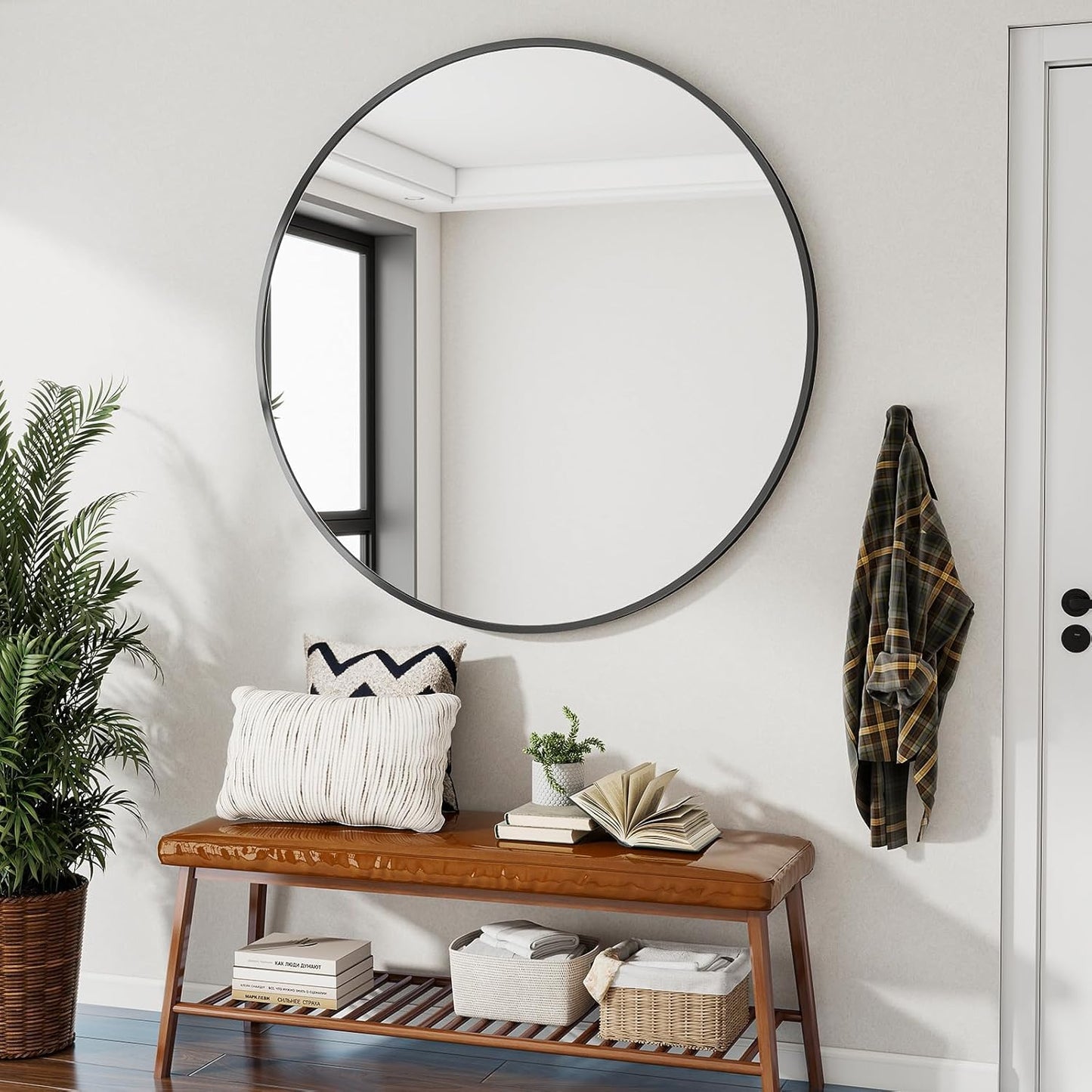 VooBang Large Black Round Bathroom Mirror, 48 inch Circle Wall Mounted Hanging Mirror with Simple Modern Circular Metal Frame for Hallway, Entryway, Living Room, Black Frame