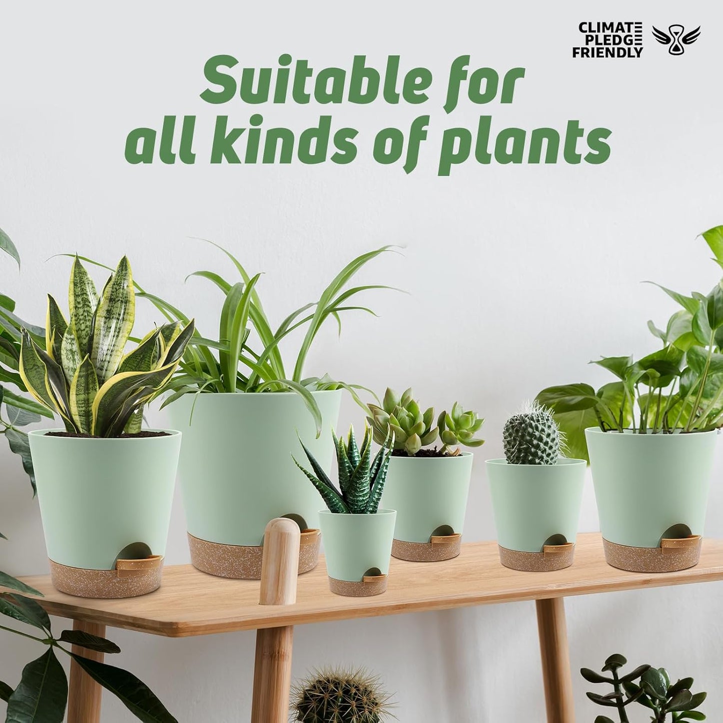 YNNICO Indoor Self Watering Planters with Drainage Holes and Saucers, 8, 7, 6.5, 6, 5.5, 5 Inches, Black, 6 Pots