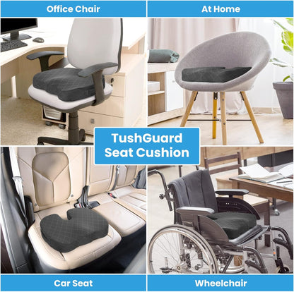 TushGuard Seat Cushion - Memory Foam Cushion for Office Chair, Car Seat, Airplane, Bleacher - Sciatica & Hip & Coccyx Pain Relief Desk Chair Cushion for Long Sitting Office Workers, Car Drivers