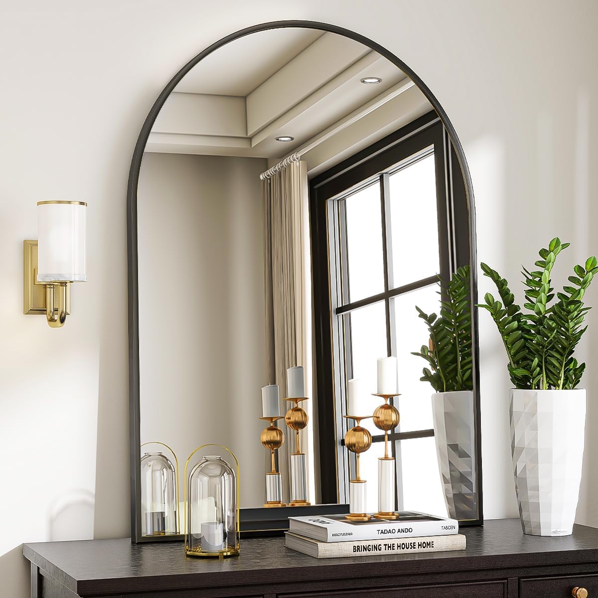 VooBang Arched Wall Mirror, 24 x 36 inch Arch Bathroom Mirror, Wall Mounted Vanity Mirror with Arch Metal Frame, Modern Bathroom Vanity Mirror for Bedroom, Living Room, Hanging or Leaning, Black