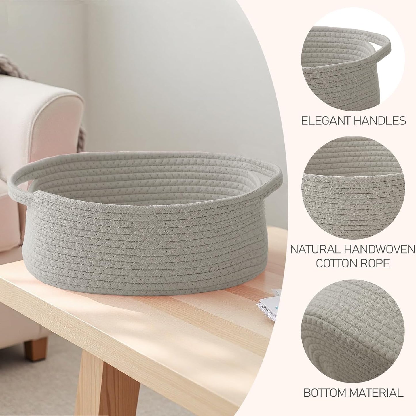 JMvicyroam Woven Basket,Small Rope Storage Bin with Handles & Ribbon Bag, Organizer for Shelves Closets,Gift Basket Empty for Birthday,Books,Dog Toys,White