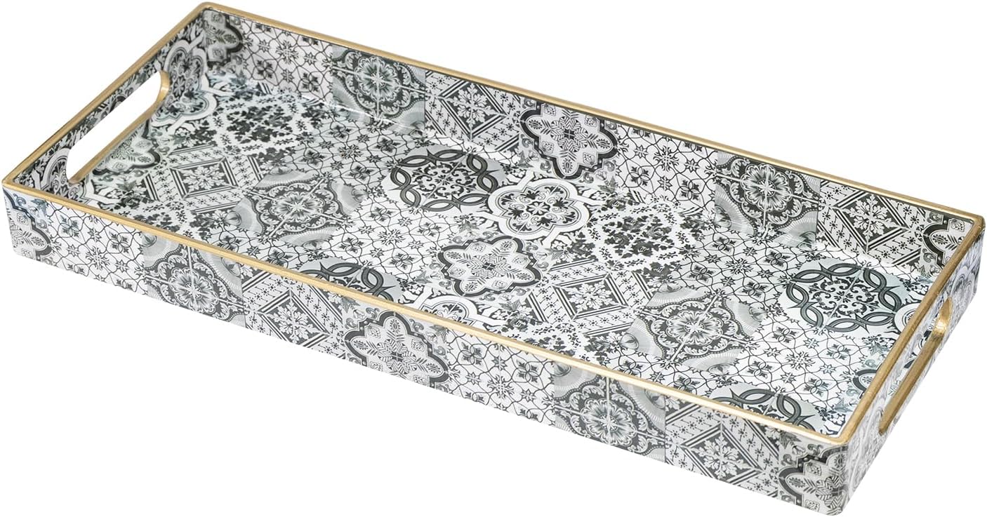 MAONAME White Decorative Tray, Plastic Serving Tray with Handles, Rectangular Moroccan Trays, Long Narrow Trays for Bathroom, Kitchen Counter, 13.8" X 6" X 1.57"