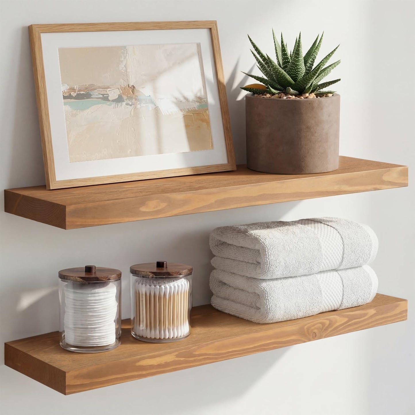Homeforia 24 inch Natural Floating Shelf, High End Solid Real Wood 24inch Small Floating Shelves for Wall Mounted, Natural Wooden Floating Shelves, Heavy Duty Bracket, 24 X 6.5 X 1.75 in, Set of 2