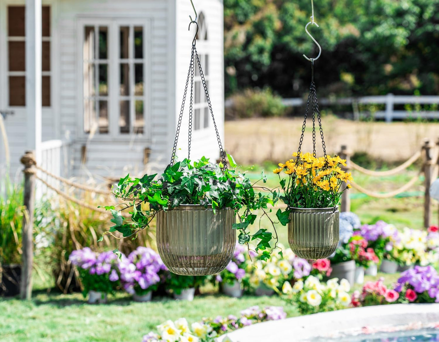 Melphoe 2 Pack Self Watering Hanging Planters Indoor Flower Pots, 6.5 Inch Outdoor Hanging Basket, Plant Hanger with 3Hooks Drainage Holes for Garden Home (Emerald)