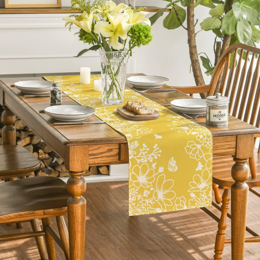 Artoid Mode Pink Bloom Flowers Butterfly Spring Table Runner, Seasonal Holiday Kitchen Dining Table Decoration for Home Party Indoor 13x72 Inch