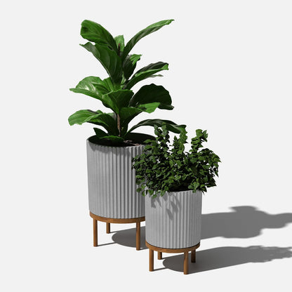 Veradek Demi Series Round Planter w/ Stand for Porch/Patio | Durable Plastic-Concrete & Wooden Stand | Modern Décor for Tall Plants, Flowers