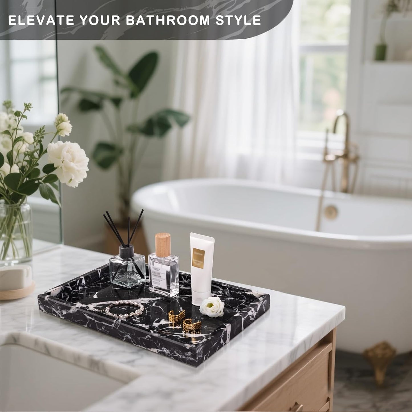 Marble Bathroom Tray for Countertop & Home Decor, Natural Decorative Marble Tray for Jewelry & Perfume Organizer, Luxury Stone Vanity Trays for Dresser, Kitchen Counter, 12" x 8", Gray Black