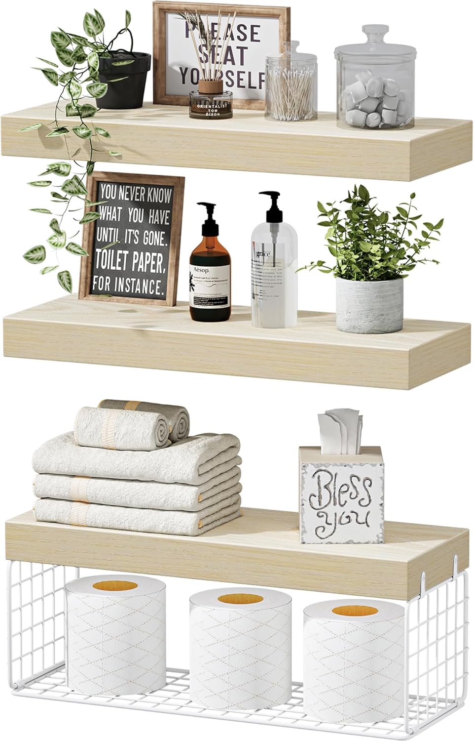 QEEIG Bathroom Shelves Over Toilet - Wall Mounted Floating Shelves Toilet Paper Storage Small Farmhouse Decor Shelf 16 inch Set of 3, Rustic Brown (019-BN3)