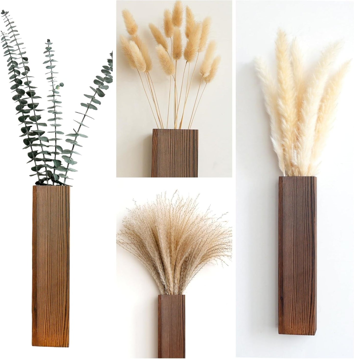 Set of 2 Wooden Vases with Pampas Grass and Eucalyptus – Boho Decor for Living Room, Modern Farmhouse Entryway or Bathroom, Rustic Art for Home Decoration