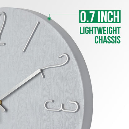 Wall Clock 12 Inch Silent Non-Ticking Imitation Wood Indoor Clock Round White Decor Clock Modern 3D Figures Quartz Wall Clocks for Home, Hotel, Office, School, Bedroom, Living Room, Kitchen