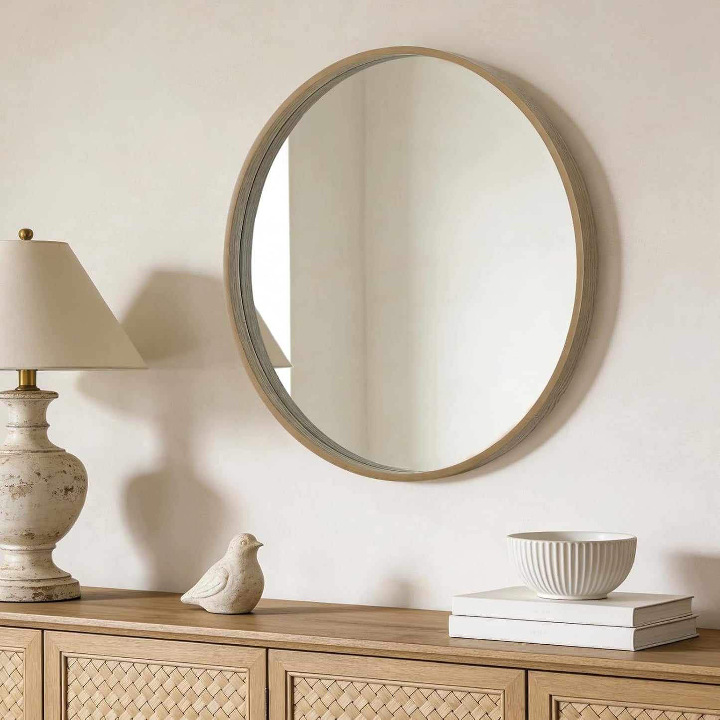 WallBeyond Wood Round Mirror with Wood Frame 24 inch Circle Wall Mirror for Bathroom Round Wall Mirror for Wall Decor, Vanity, Entryway Living Room (Walnut)