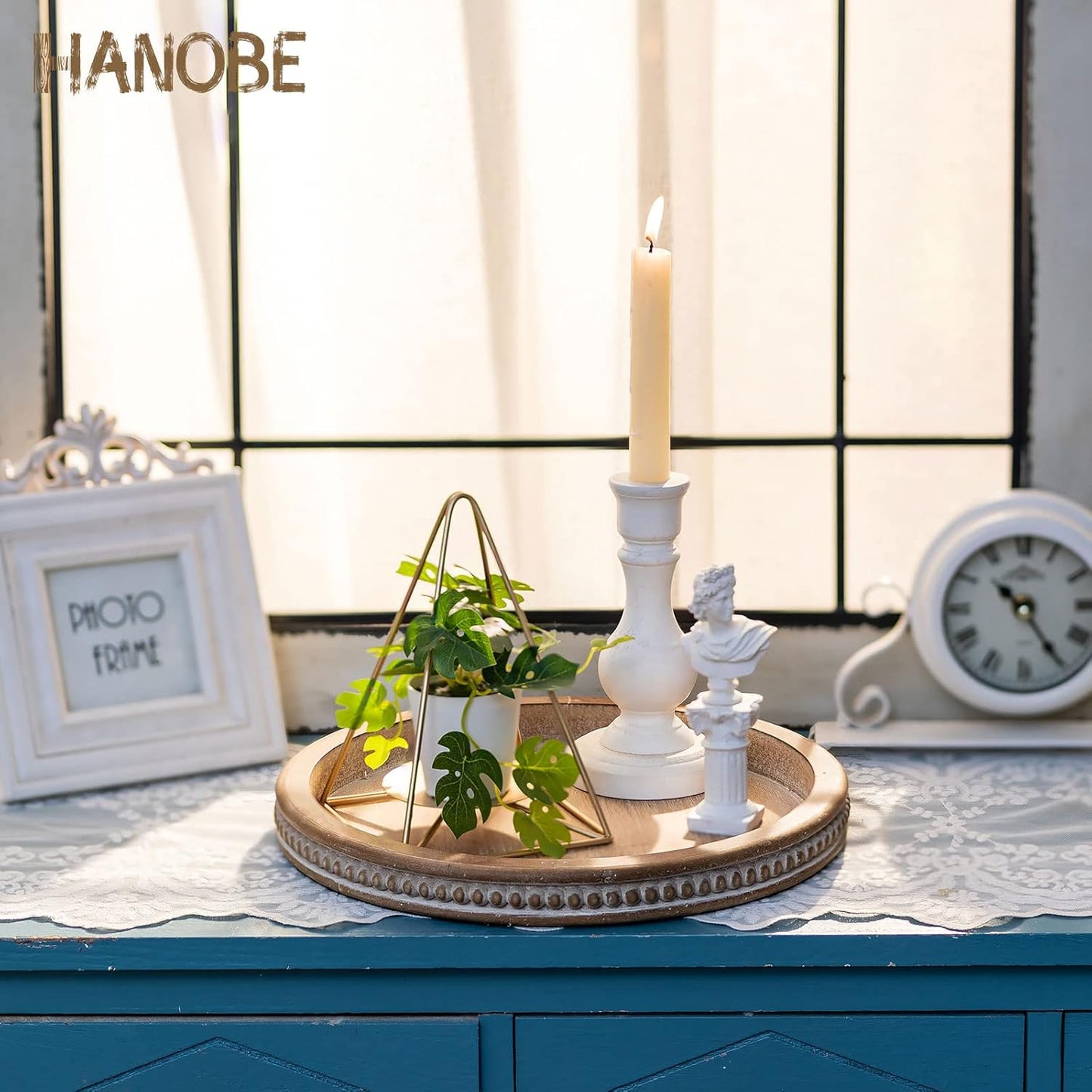 Hanobe Round Wooden Decorative Tray: White Washed Bead Tray Decor for Coffee Table Centerpiece Rustic Farmhouse Tray for Kitchen Counter Living Room Decoration