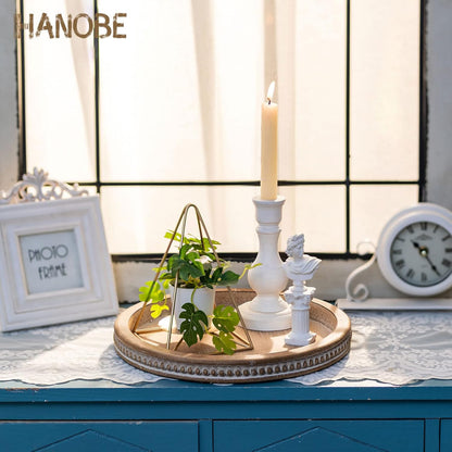 Hanobe Round Wooden Decorative Tray: White Washed Bead Tray Decor for Coffee Table Centerpiece Rustic Farmhouse Tray for Kitchen Counter Living Room Decoration