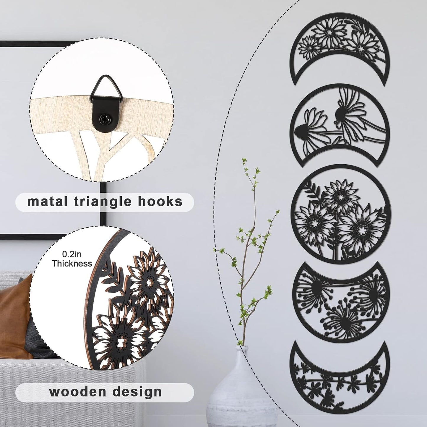 Jetec 5 Pcs Moon Phase Wall Art Decor Wall Pediments Hanging Wooden Phase Spiritual Bedroom Nordic Boho Lunar Aesthetic Art for Living Room Dorm Apartment Ornament(Brown,10.6 Inch,Botanical)