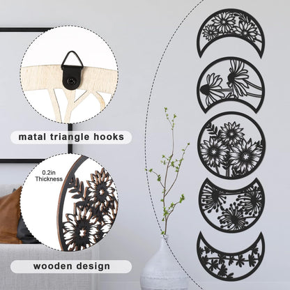 Jetec 5 Pcs Moon Phase Wall Art Decor Wall Pediments Hanging Wooden Phase Spiritual Bedroom Nordic Boho Lunar Aesthetic Art for Living Room Dorm Apartment Ornament(Brown,10.6 Inch,Botanical)