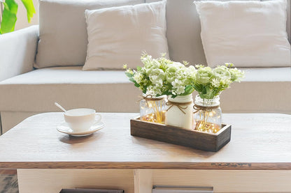 Mkono Mason Jar Lights Centerpiece Table Decor for Dining Room Farmhouse Wood Tray with 3 Jars Flowers Valentines Day Decoration for Coffee Table Kitchen Living Room Wedding