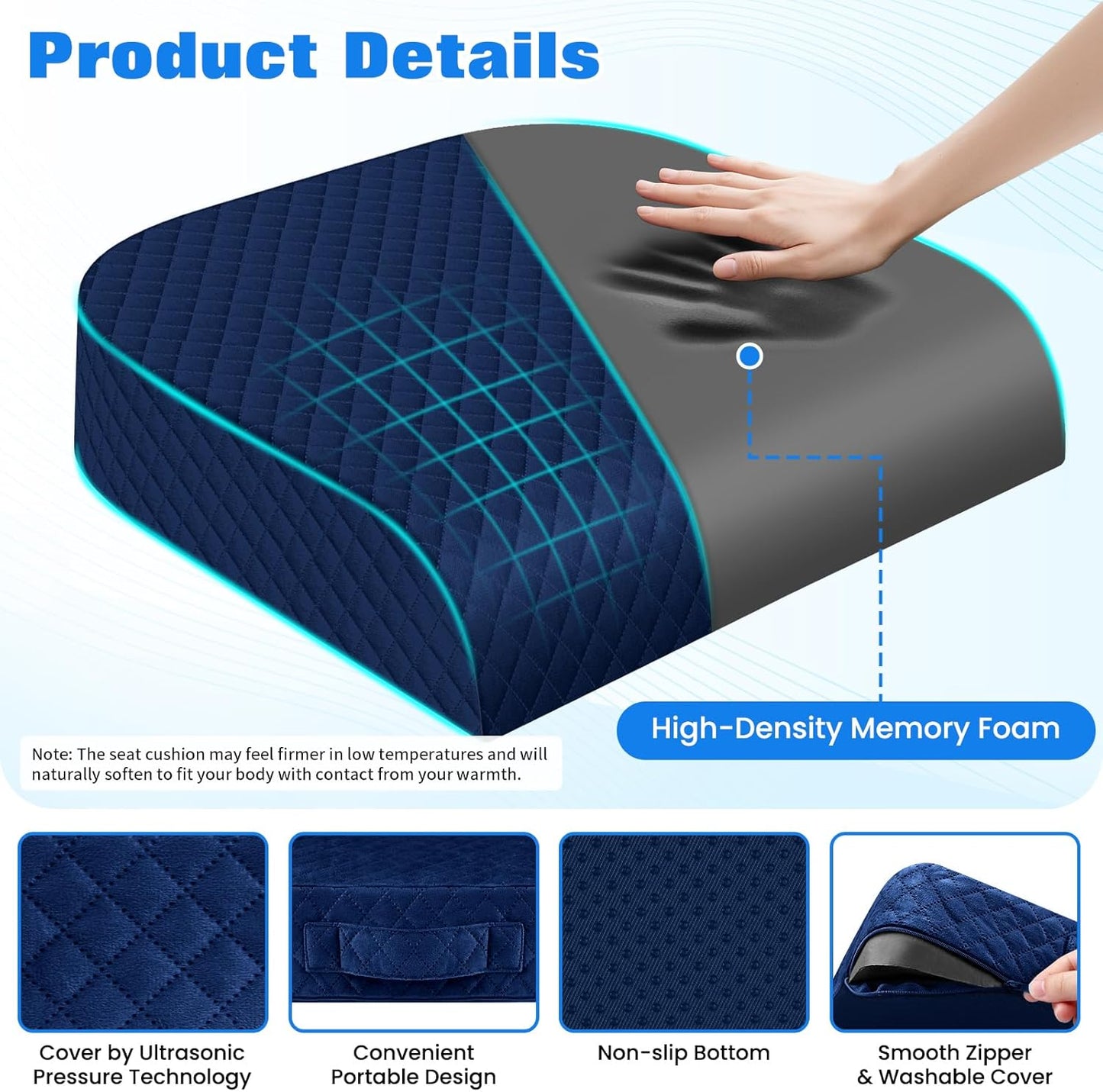Seat Cushion, Memory Foam Chair Pad for Sciatica & Hip Pain Relief, Non-Slip Cushion for Office, Home, Car, Large Desk Chair Cushion, Washable Cover & Handle, Large, Black