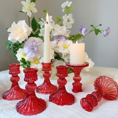 Glass Candlestick Holder,Striped Taper Candle Holders,Set of 6 Candle Stand for Table Centerpieces, Home Decor,Weddings,Festival and Parties (Clear Stripe Pattern)