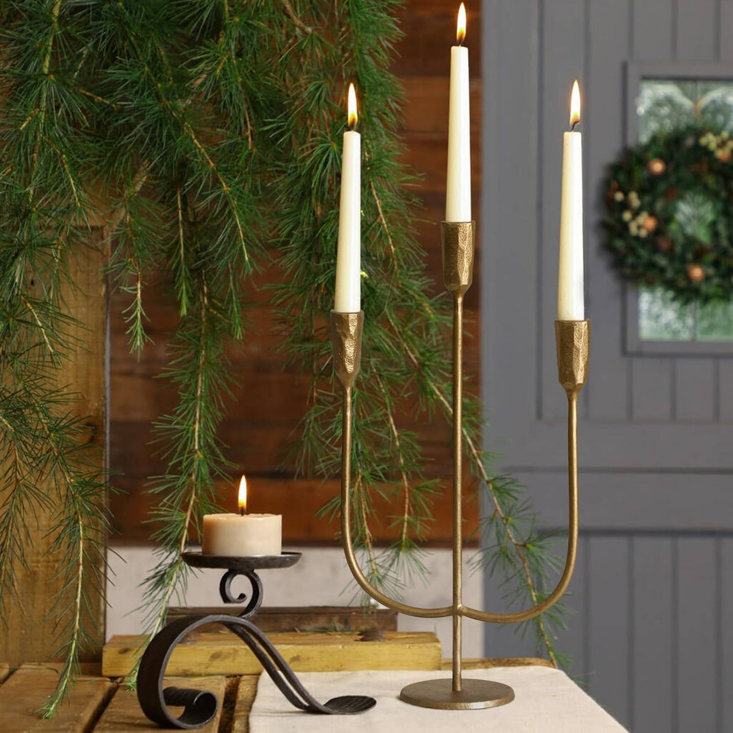 5-Candle Cast Iron Metal Candelabra Candlestick Holders 15 inch Tall Candle Holder Wedding Event Candelabra Candle Stand Brass Gold