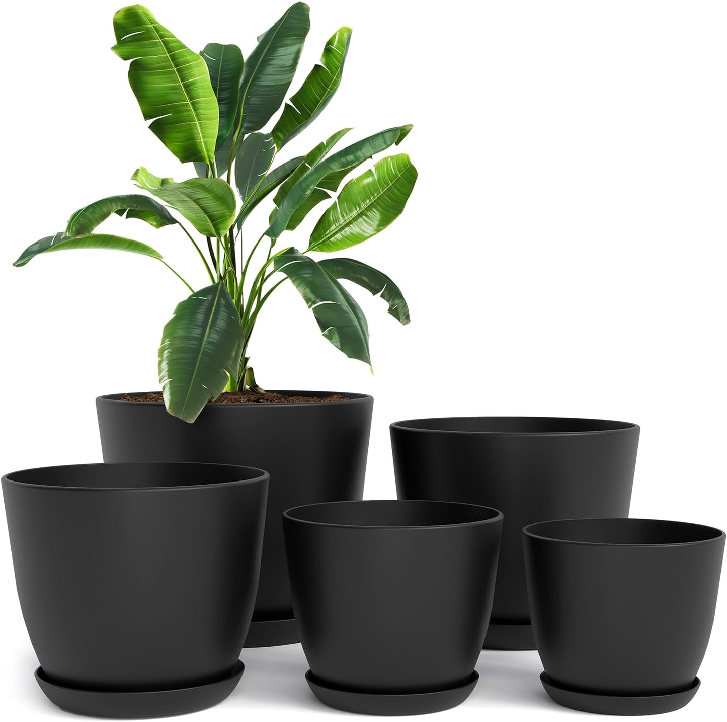 Utopia Home Plant Pots Indoor with Drainage Holes – Set of 5 White Plastic Flower Pots (7/6.6/6/5.3/4.8 Inch) – Modern Planters for Indoor Plants, Room & Office Décor, Great Stocking Stuffers