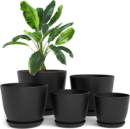 Utopia Home Plant Pots Indoor with Drainage Holes – Set of 5 White Plastic Flower Pots (7/6.6/6/5.3/4.8 Inch) – Modern Planters for Indoor Plants, Room & Office Décor, Great Stocking Stuffers
