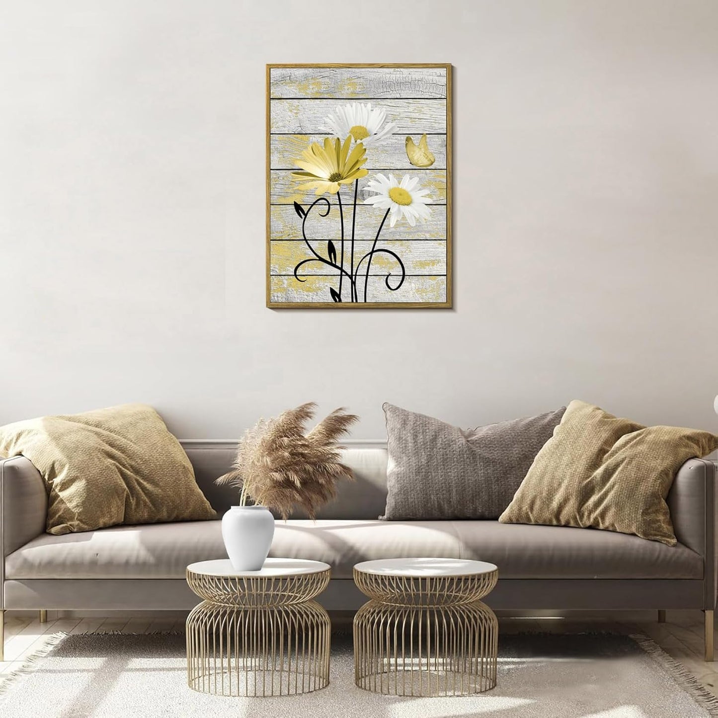 HVEST Farmhouse Floral Wall Art for Living Room, Blue and White Daisy Flower and Butterfly on Rustic Wood Board Canvas Wall Art Framed Artwork Ready to Hang for Bathroom Bedroom Decor, 16L X 12W