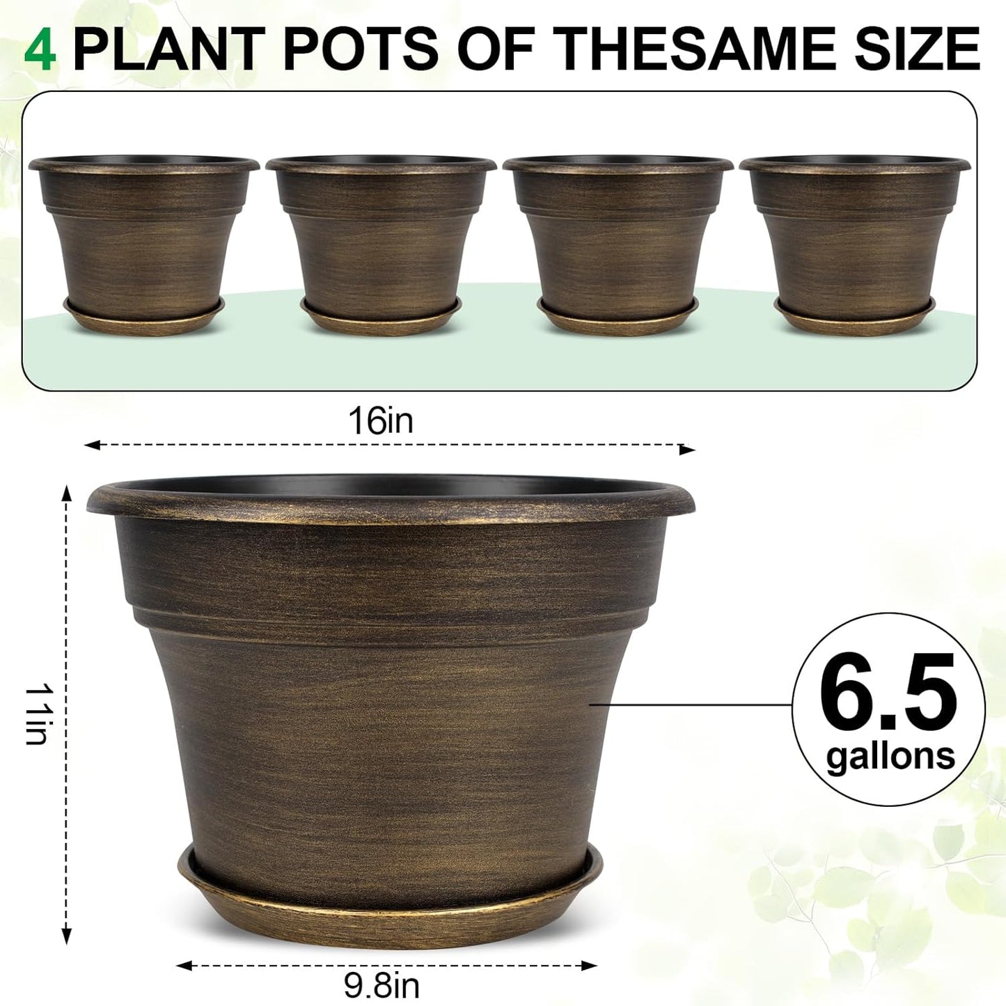 Fodetyff 10 Inch Planters Plant Pots Indoor Outdoor, 4 Pack Plastic Flower Pot for Indoor Plants with Drainage Holes & Trays, Resin Decorative Container Sets with Saucer for House Garden Copper