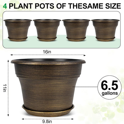 Fodetyff 10 Inch Planters Plant Pots Indoor Outdoor, 4 Pack Plastic Flower Pot for Indoor Plants with Drainage Holes & Trays, Resin Decorative Container Sets with Saucer for House Garden Copper