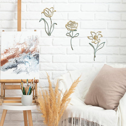 Oubasa Metal Flowers Wall Art Set of 3, Farmhouse Floral Home Decoration, Modern Line Art Flower Wall Decor for Living Room Bedroom Bathroom, Minimalist Botanical Wall Sculpture – Lily, Tulip, Rose
