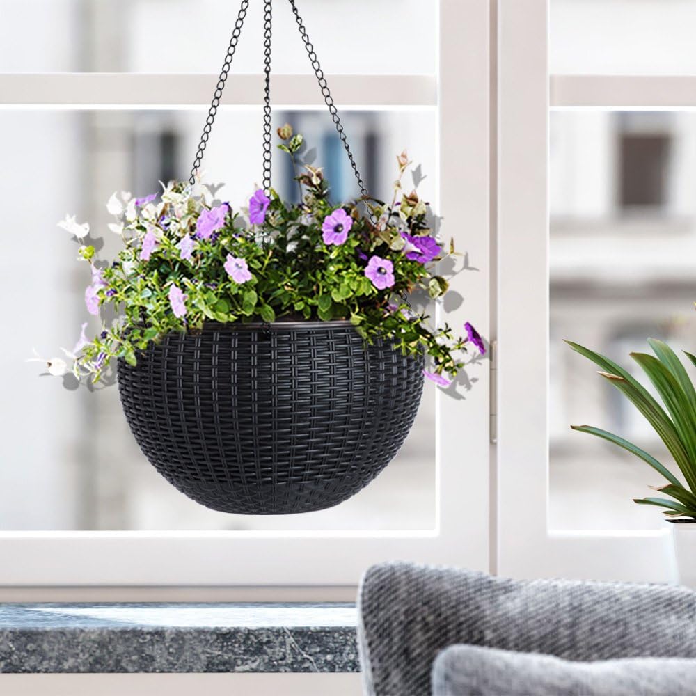 Vencer 11 Inch Round Resin Rattan Hanging Planters,Self Watering Hanging Basket for Indoor Outdoor Plants,Hanging Flower Pots with Drain Hole and Metal Chain,Water Indicator,Coffee,VF-A15-C