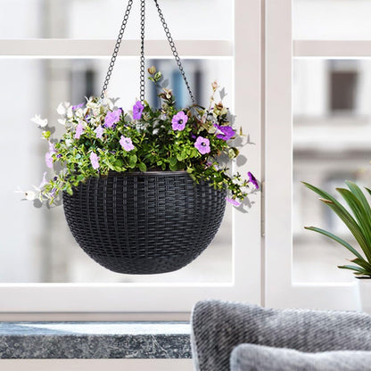 Vencer 11 Inch Round Resin Rattan Hanging Planters,Self Watering Hanging Basket for Indoor Outdoor Plants,Hanging Flower Pots with Drain Hole and Metal Chain,Water Indicator,Coffee,VF-A15-C