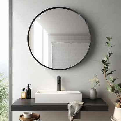 Sunniry Black Round Mirror, Round Mirror 24 inch, Black Circle Mirrors Matte Metal Frame, Wall Mounted Mirrors for Living Room, Bathroom, Wall, Entryway.