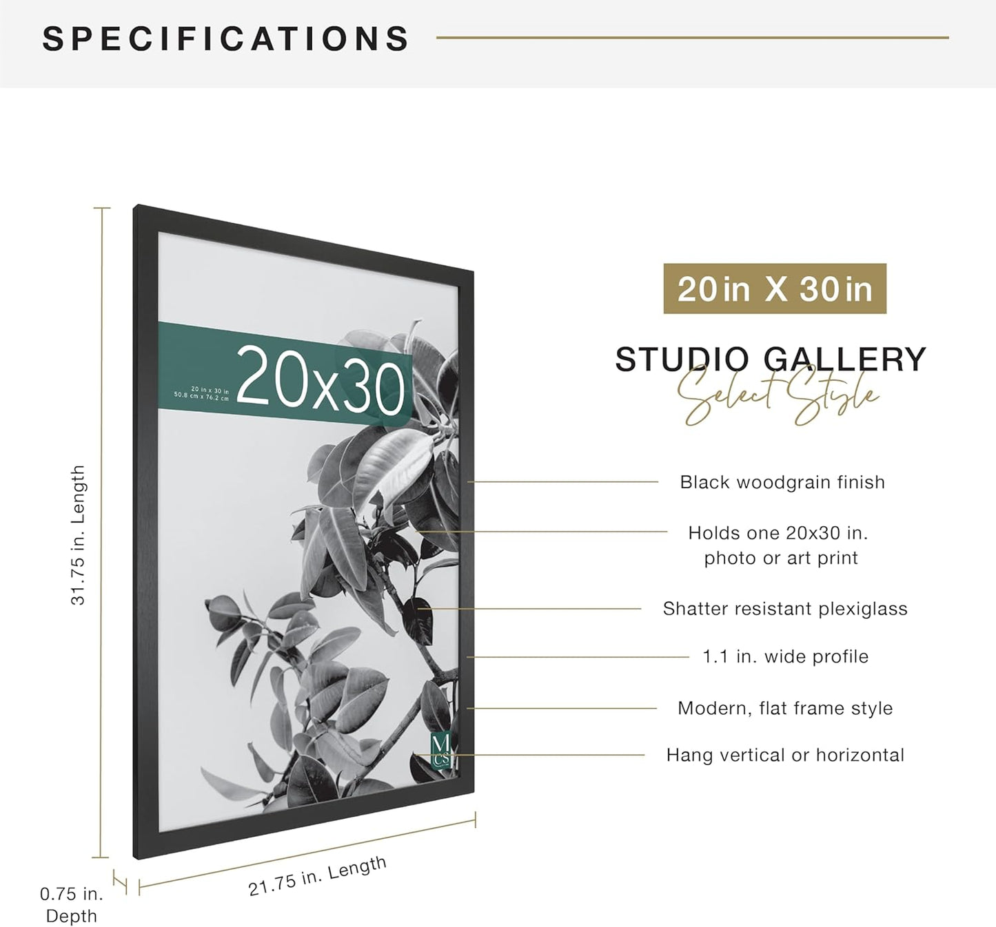 MCS Studio Gallery 16x24 Poster Frame Black Woodgrain Engineered Wood, Vertical & Horizontal Wall Hanging Large Picture Frame for Photos, Posters & Art Prints (1-Pack)