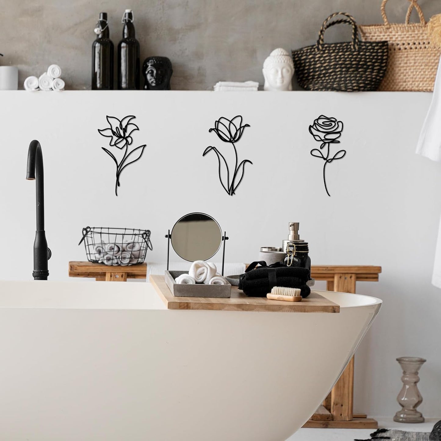 Oubasa Metal Flowers Wall Art Set of 3, Farmhouse Floral Home Decoration, Modern Line Art Flower Wall Decor for Living Room Bedroom Bathroom, Minimalist Botanical Wall Sculpture – Lily, Tulip, Rose