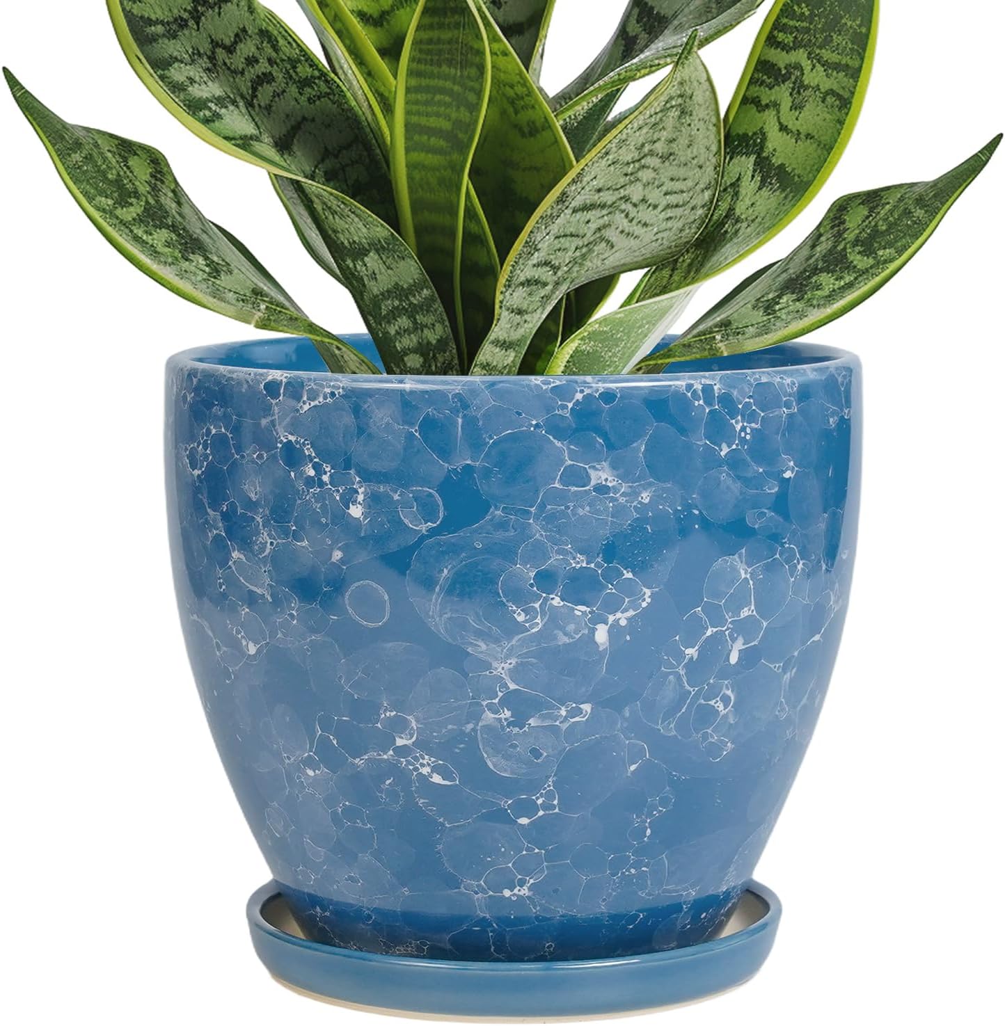 10 Inch Ceramic Planter Pot Round Plant Pot for Indoor Plants Outdoor Large Flower Pot with Drainage Hole and Saucer Blue