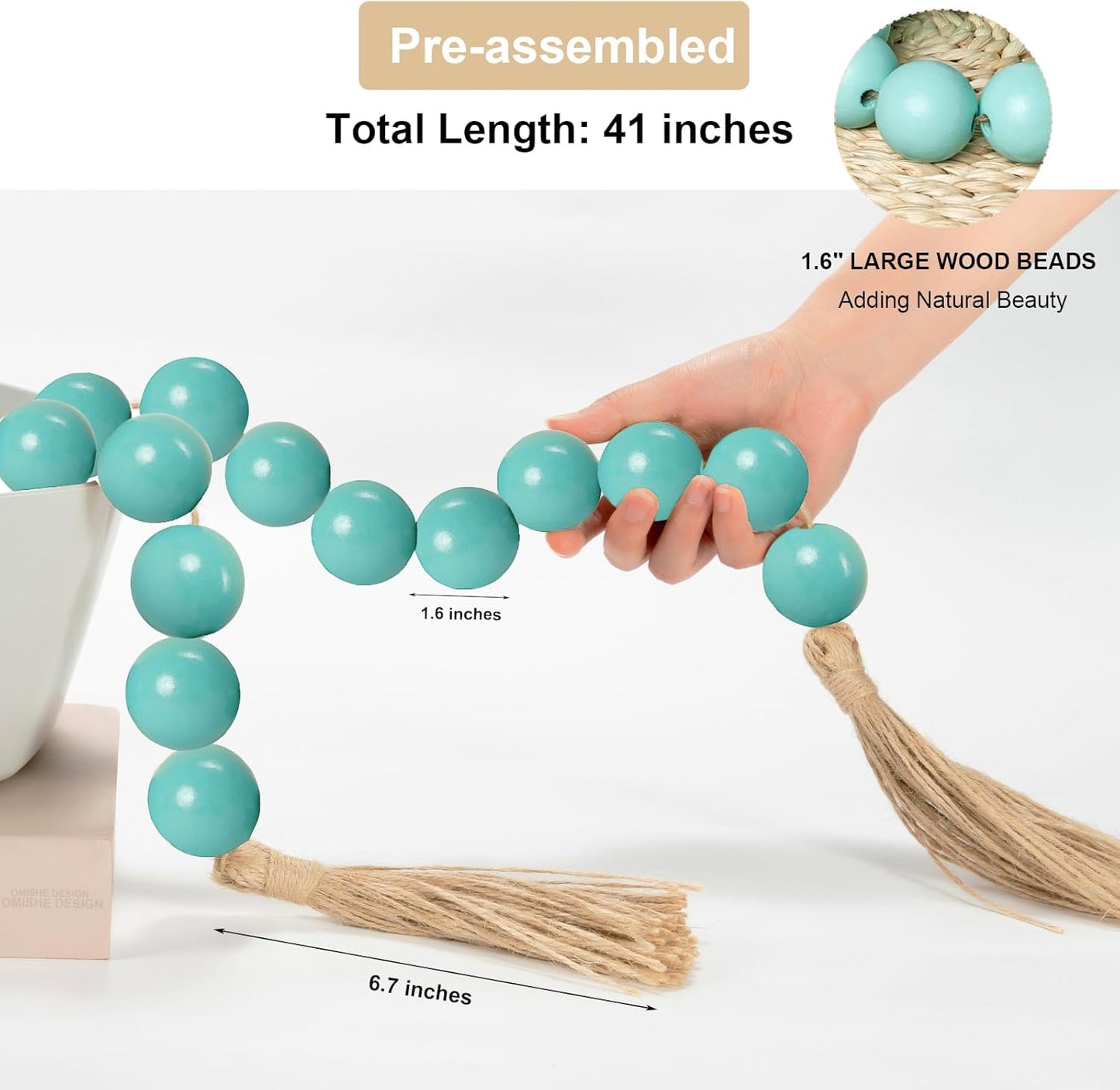 OMISHE Extra Large Wood Bead Garland with 1.6" Diameter Wooden Beads and Tassels, 41" Long Rustic Farmhouse Country Decorative Beads for Home Tiered Tray Decor, Natural Beige