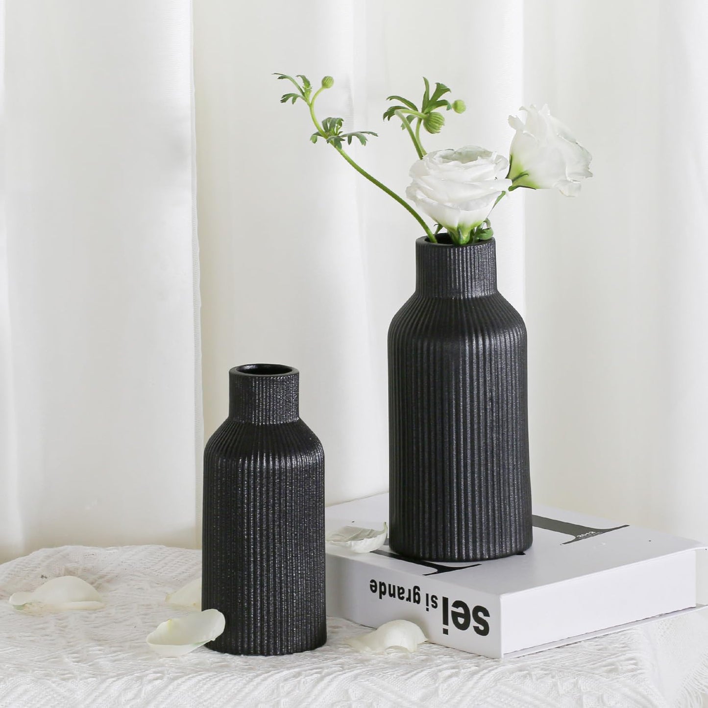 Bohemian White Ceramic Vase - for Pampas Grass, Mantel, Bookshelf, Entryway and Living Room Decor (White, 7in)