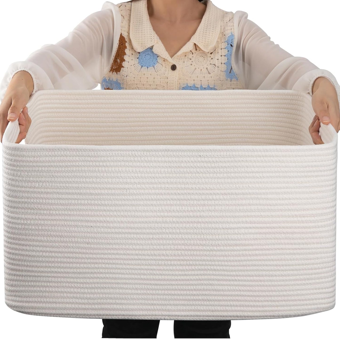 OIAHOMY 75L Large Woven Cotton Rope Storage Basket with Handle for Organizing Blanket and Toys for Living Room, Nursery, Brown Variegated 22”x17”x12”