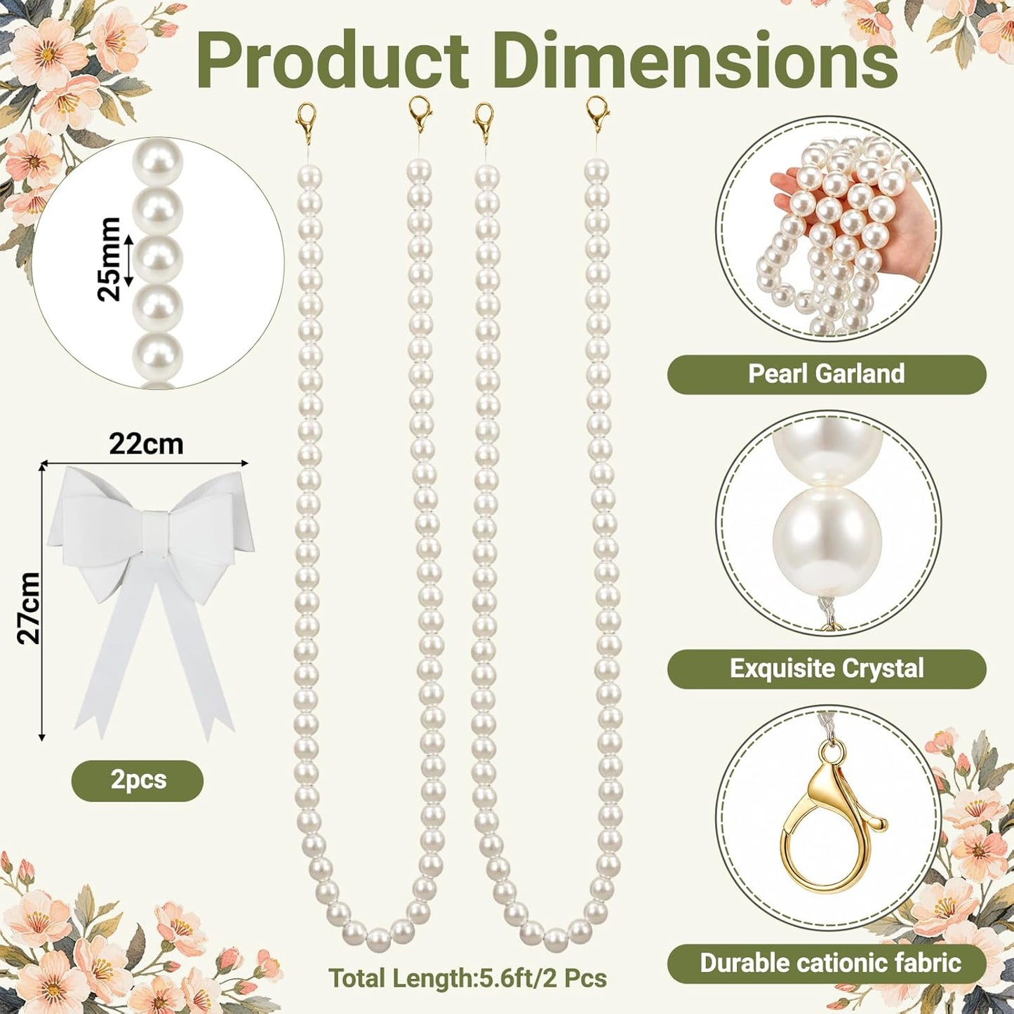 Canlierr 2 Pcs 5.6ft Wedding Giant Pearl Garland Decorations Large Faux Bead Garland with Hook for Ceremony Photo Booth Outdoor Proposal Scene Garden Beach Party Decor(Ivory White,25mm,Simple)