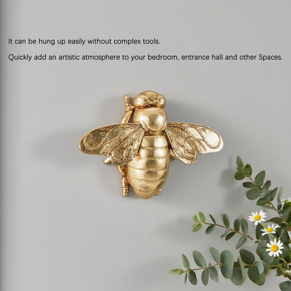 Gold Bee Figurines, 3D Hanging Honey Bee Wall Sculpture, Golden Resin insect Wall Mounted Decoration, Artwork Decor for Living Room (Antique Gold)