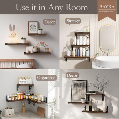 BAYKA Wall Mounted Floating Shelves, Wood Floating Wall Shelf for Books & Decor, Small Space-Saving Display & Organizer（Black，Set of 3）