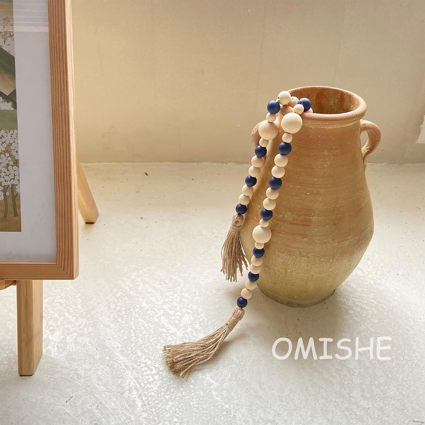 OMISHE Wood Bead Garland with Tassels 61 Inches, Boho Decorative Beads, Farmhouse Beads Garland for Home Tiered Tray Decor, Beige Gray