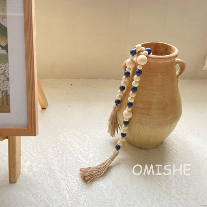 OMISHE Wood Bead Garland with Tassels 61 Inches, Boho Decorative Beads, Farmhouse Beads Garland for Home Tiered Tray Decor, Beige Gray