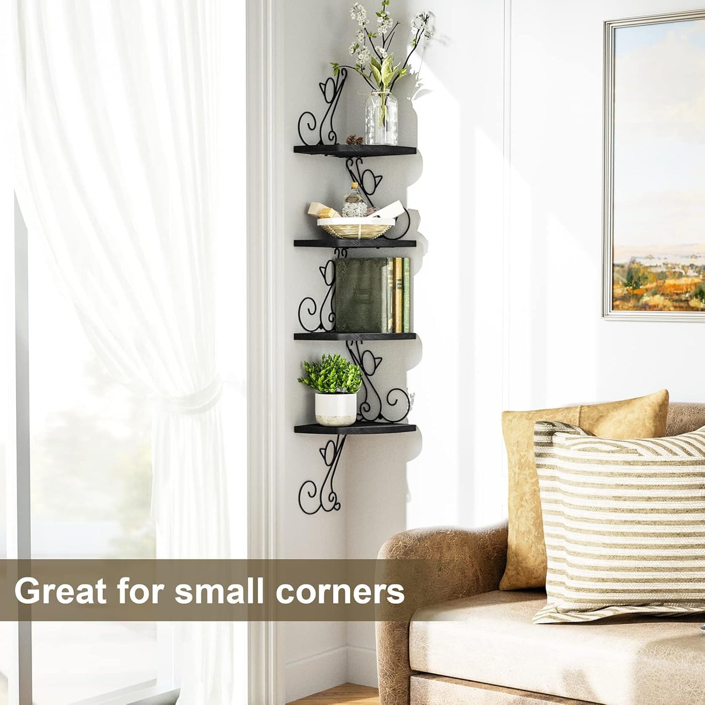 Alsonerbay Corner Shelf Wall Mount, 4 Tier Floating Shelves for Wall, Easy-to-Assemble Wall Shelves Rustic Wood Decor for Bedroom Living Room Bathroom Kitchen Office, Walnut Finish
