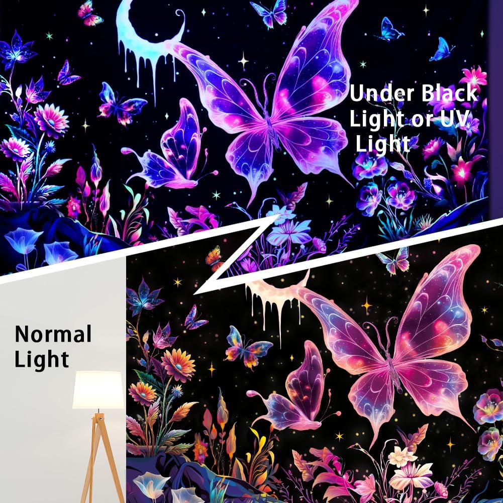 Yuiqear Blacklight Butterfly Tapestry UV Reactive Floral Plant Tapestries Trippy Nature Landscape Wall Tapestries Mysterious Starry Night Sky Tapestry Wall Hanging for Bedroom Decor