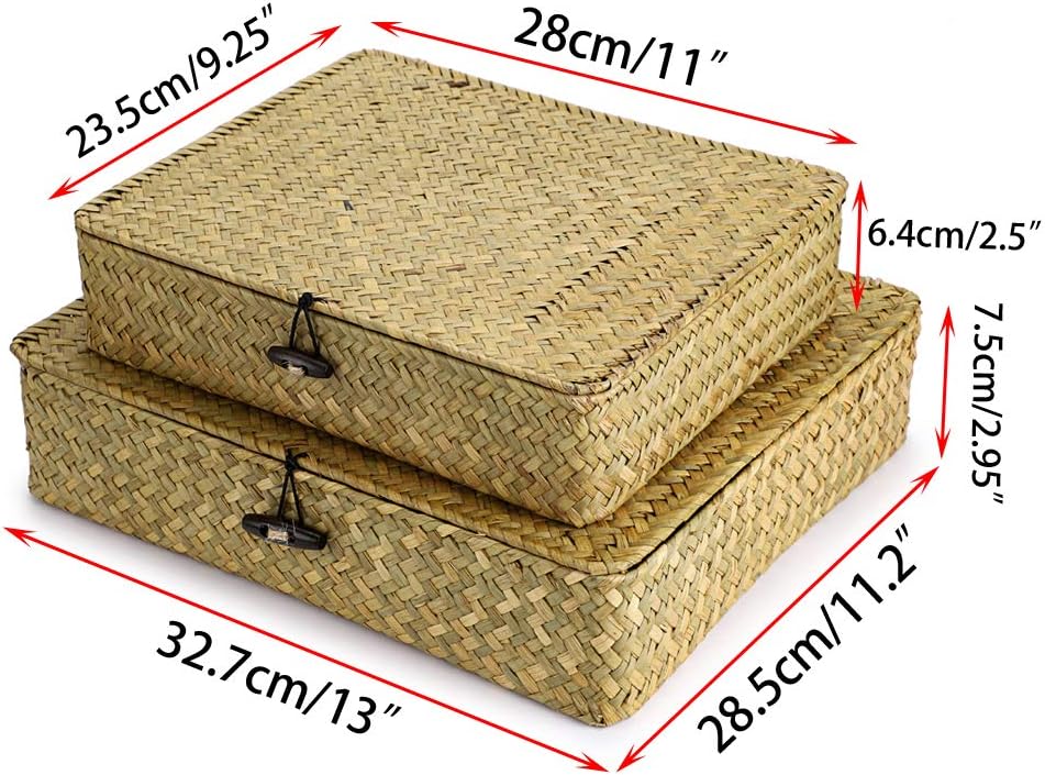 Hipiwe Set of 2 Flat Woven Wicker Storage Bins with Lid Natural Seagrass Basket Multipurpose Home Boxes for Shelf Organizer (Coffee)