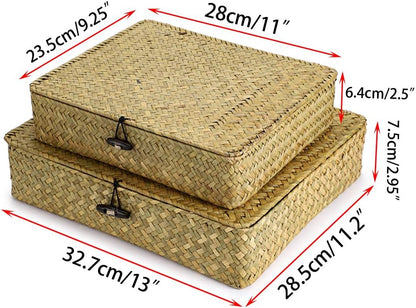 Hipiwe Set of 2 Flat Woven Wicker Storage Bins with Lid Natural Seagrass Basket Multipurpose Home Boxes for Shelf Organizer (Coffee)