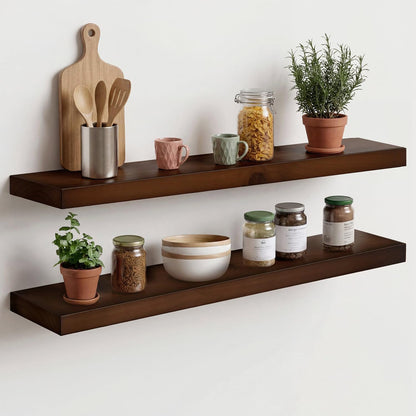 Homeforia 24 inch Natural Floating Shelf, High End Solid Real Wood 24inch Small Floating Shelves for Wall Mounted, Natural Wooden Floating Shelves, Heavy Duty Bracket, 24 X 6.5 X 1.75 in, Set of 2